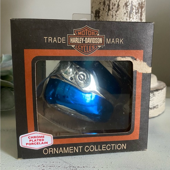NIB Harley Davidson Gas Tank Christmas Ornament Blue Metallic Chrome Porcelain - Picture 1 of 1